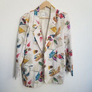 Vintage Watercolor Design Linen Rayon Poly Blend Long Line Blazer Jacket 14